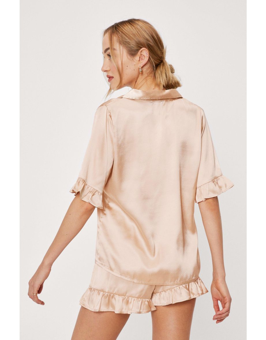 Satin Ruffle Pajama Shirt And Shorts Set - 3