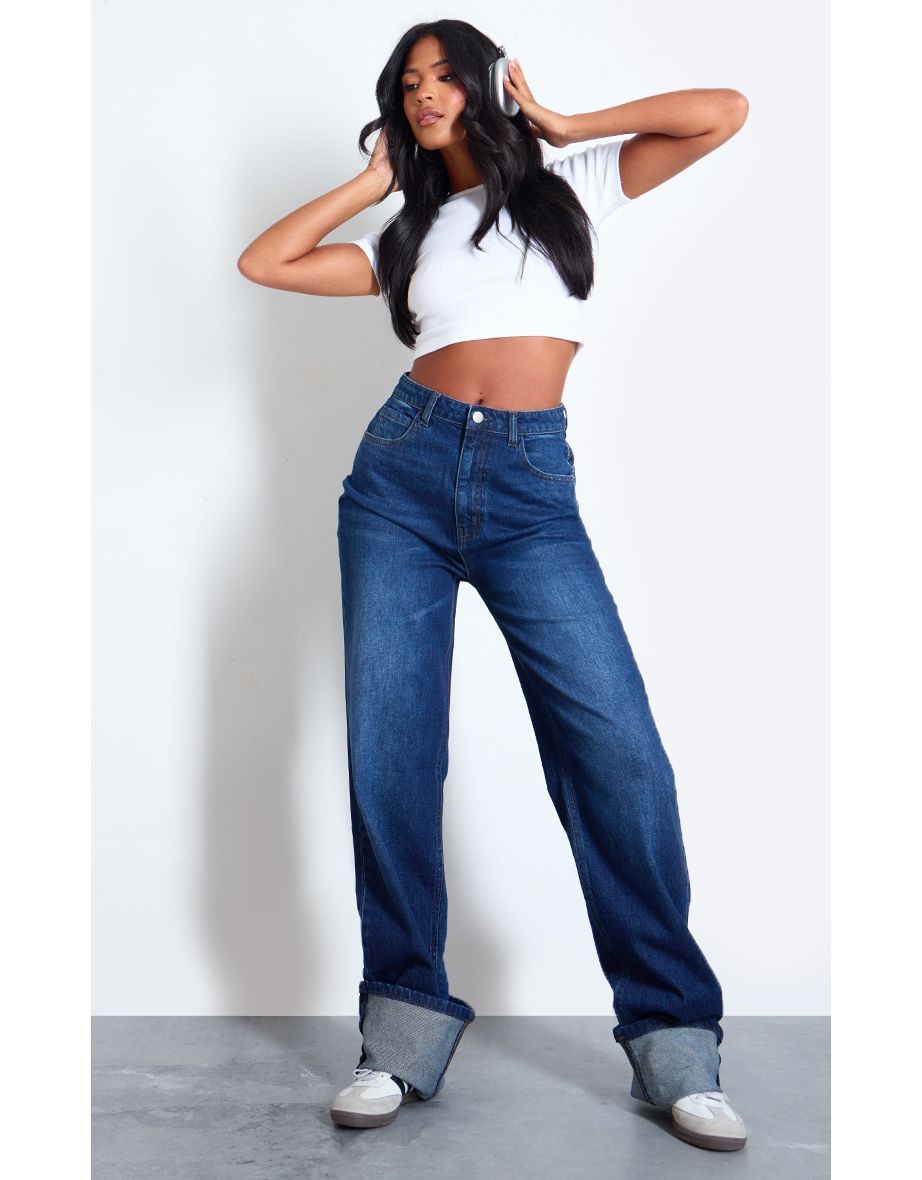 Tall Dark Indigo Mid Rise Distressed Turn Up Hem Jeans