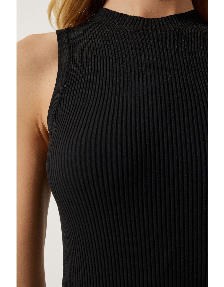 Women's Black Ribbed Saran Knitwear Dress - 5