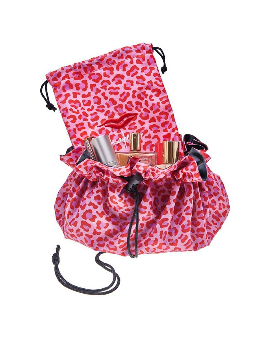 Donna May London Signature Lay-Flat Drawstring Makeup Bag - Red Leopar