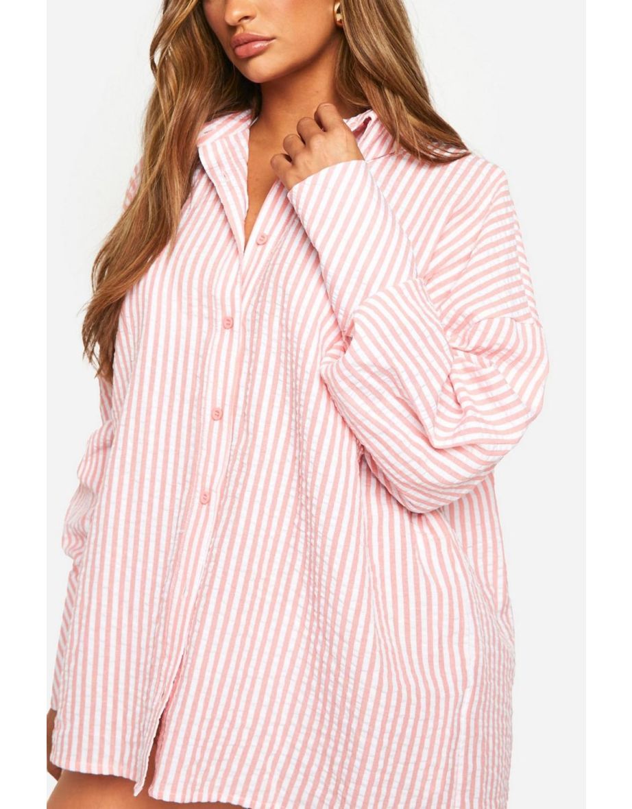 Stripe Seersucker Oversized Beach Shirt - coral - 3