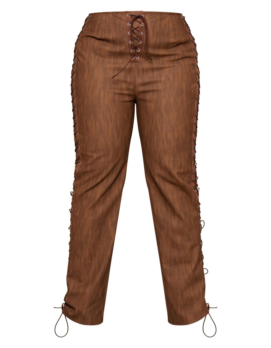 Plus Brown Premium Washed Faux Leather Lace Up Side Low Rise Trousers - 4