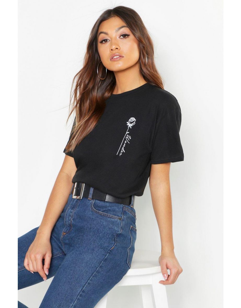 Rose Pocket Print Slogan T-Shirt - black