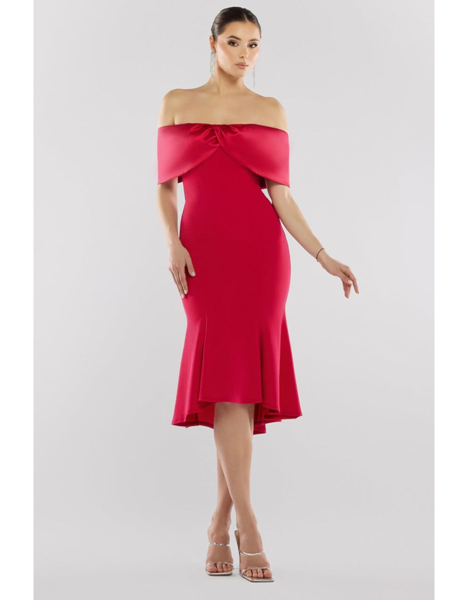 Goddiva Twist Knot Satin & Scuba Bardot High Low Midi Dress - Magenta