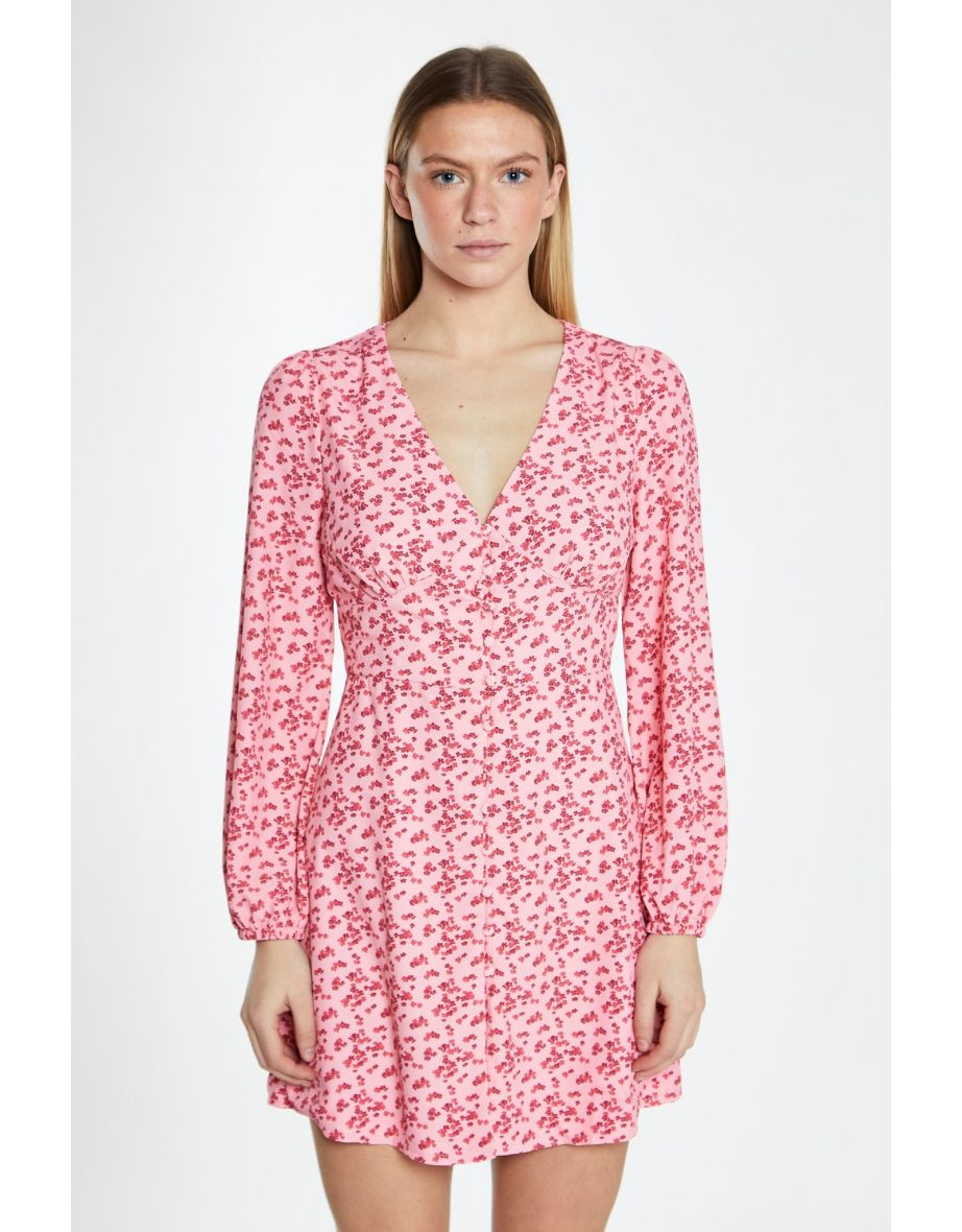 Raspberry Ditsy Button Front Long Sleeve Mini-Dress