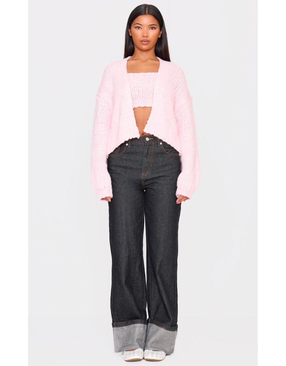 Baby Pink Chunky Knit Cami Top And Cardigan Set