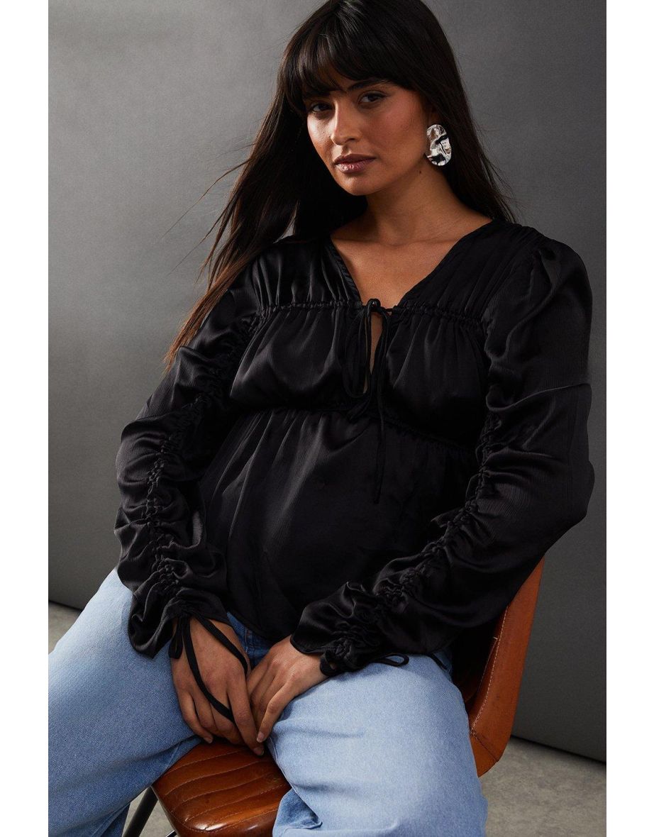 Crinkle Satin Tie Front Volume Sleeve Blouse - 3