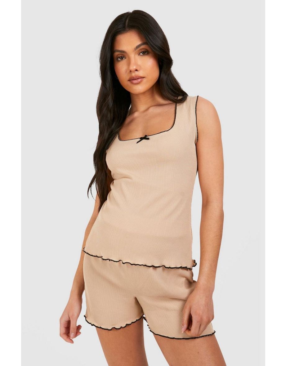 Maternity Ribbed Bow Vest And Short Pyjama Set - oatmeal
