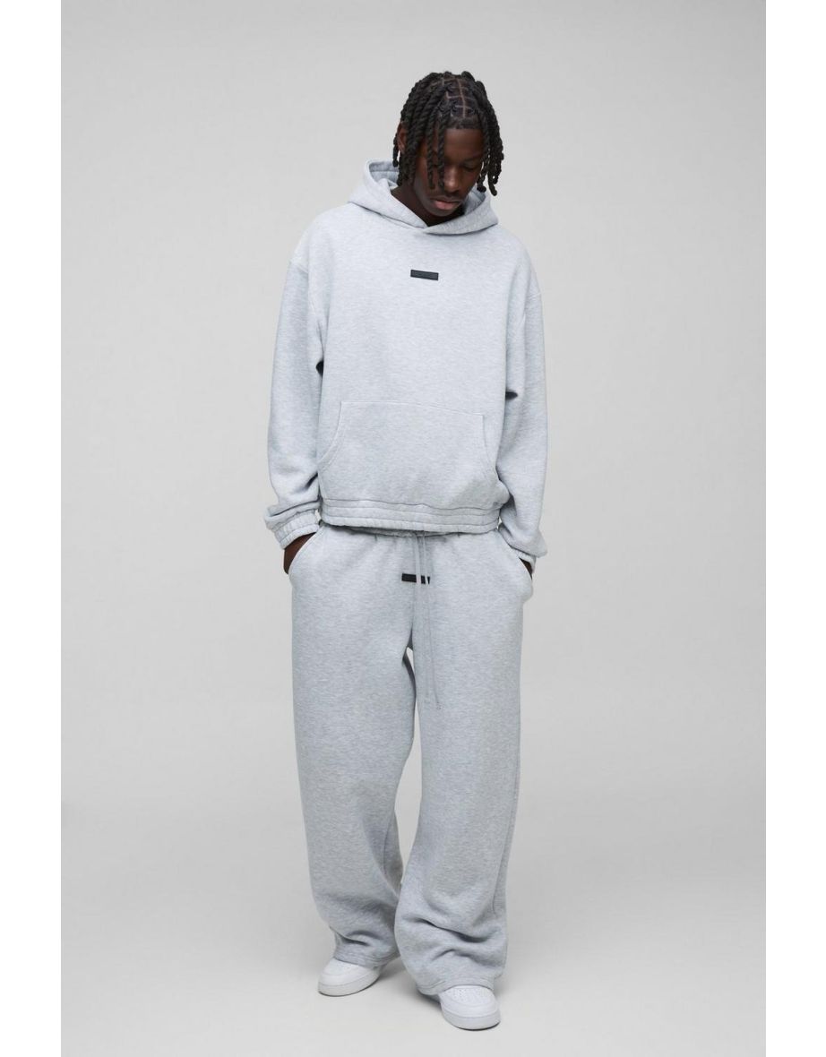 Oversized Boxy Wide Leg Hooded Tracksuit With Rubber Badge - grey marl