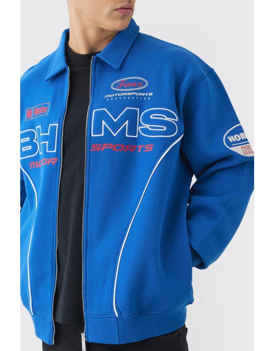 Oversized Varsity Bhms Embroidered Jersey Bomber Jacket - blue - 2