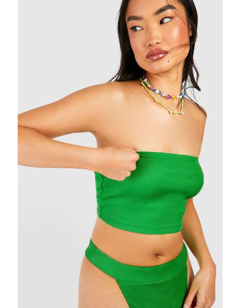 Ribbed Bandeau And Tanga Pant Set - green - 2