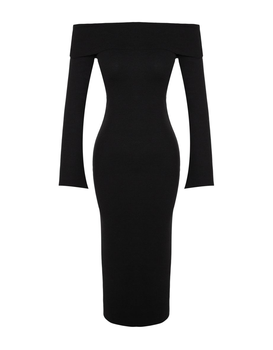 Black Fitted/Sticky Carmen Collar Corsair Soft-Texture Midi, Stretch Knit Dress  . - 7