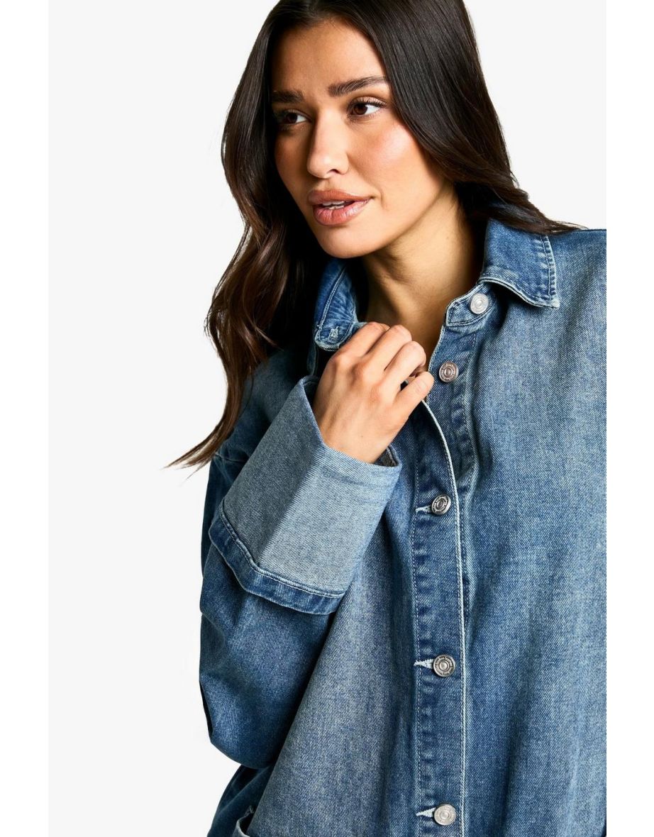 Tall Utility Turn Cuff Denim Oversized Shirt  Dress - blue - 3