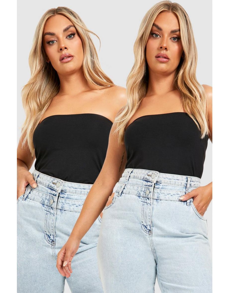 Plus 2 Pack Cotton Mix Basic Bandeau Boobtube Top - black