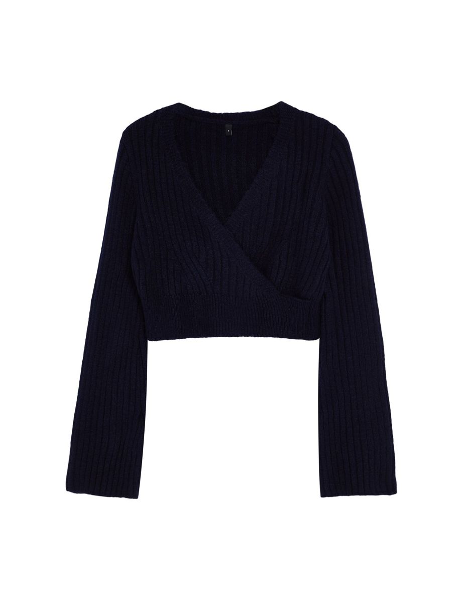 Navy Blue Crop Soft Textured Double Breasted Knitwear Sweater - 6