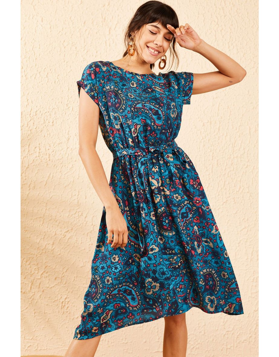 Women's Blue Short Sleeve Ethnic Pattern Elastic Waist  Length Dress