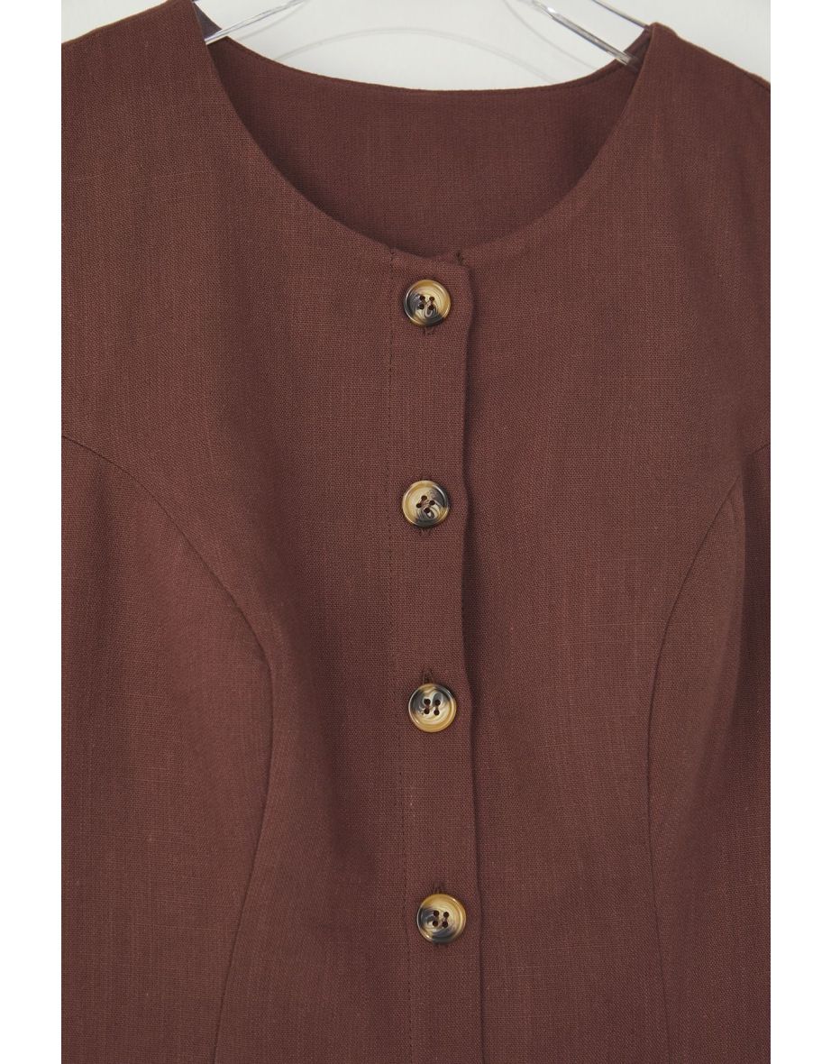 Brown Linen Blend Pocket Detailed Mini Woven Shirt Dress - 4
