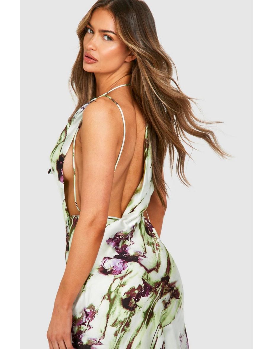 Marble Print Cowl Neck Midaxi Slip Dress - green - 3