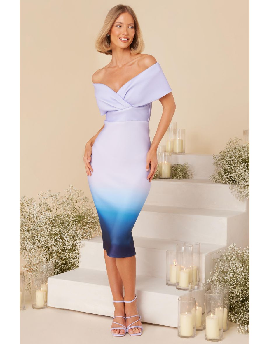 Shop Blue Ombre Bardot Ruched Midi Dress Online in Bahrain VogaCloset