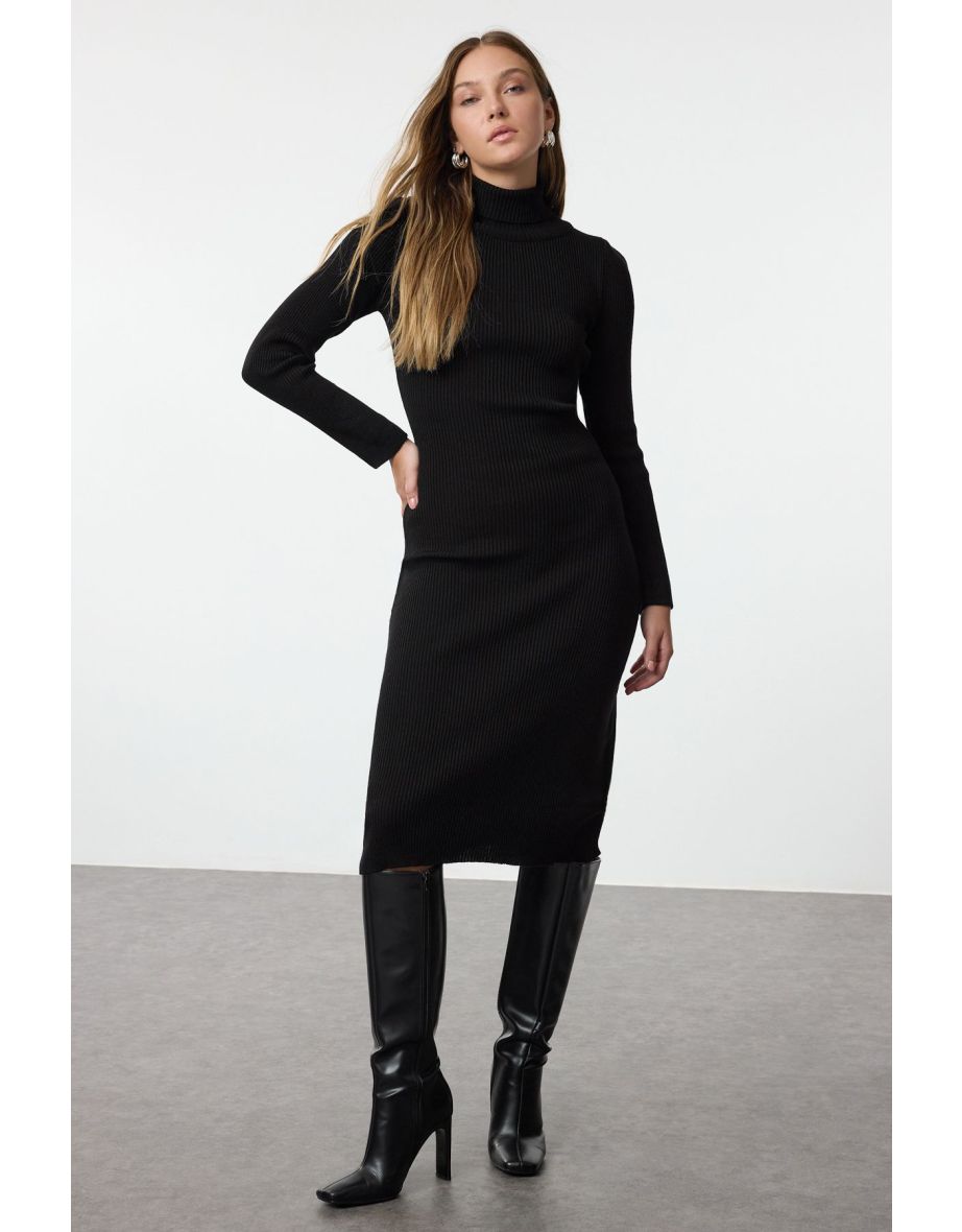 Black Midi Knit Basic Turtleneck Dress