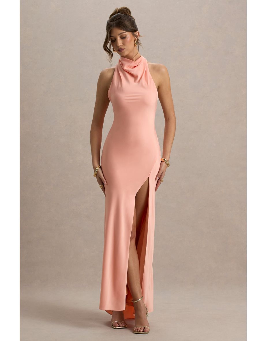 Priero | Peach Cowl Halter-Neck Open Back Maxi Dress