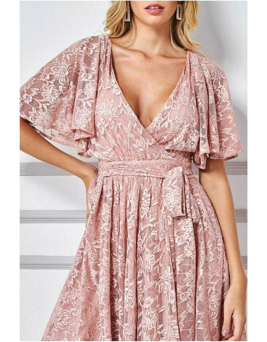 Goddiva Lace Kimono Wrap Skater Mini Dress - Blush - 3