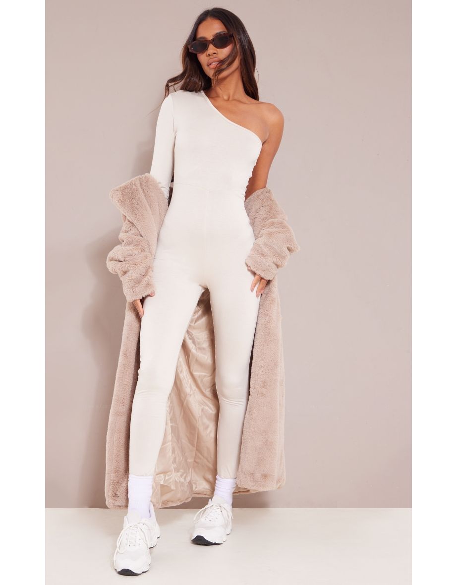 Stone One Shoulder Long Sleeve Jersey Jumpsuit