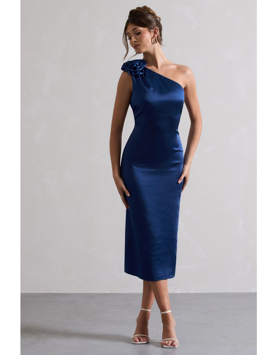 Ascot | Navy Satin Asymmetric Dress With Corsage