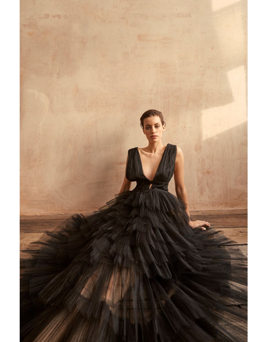 Eliza Black Plunge Front Tulle Layered Maxi Dress