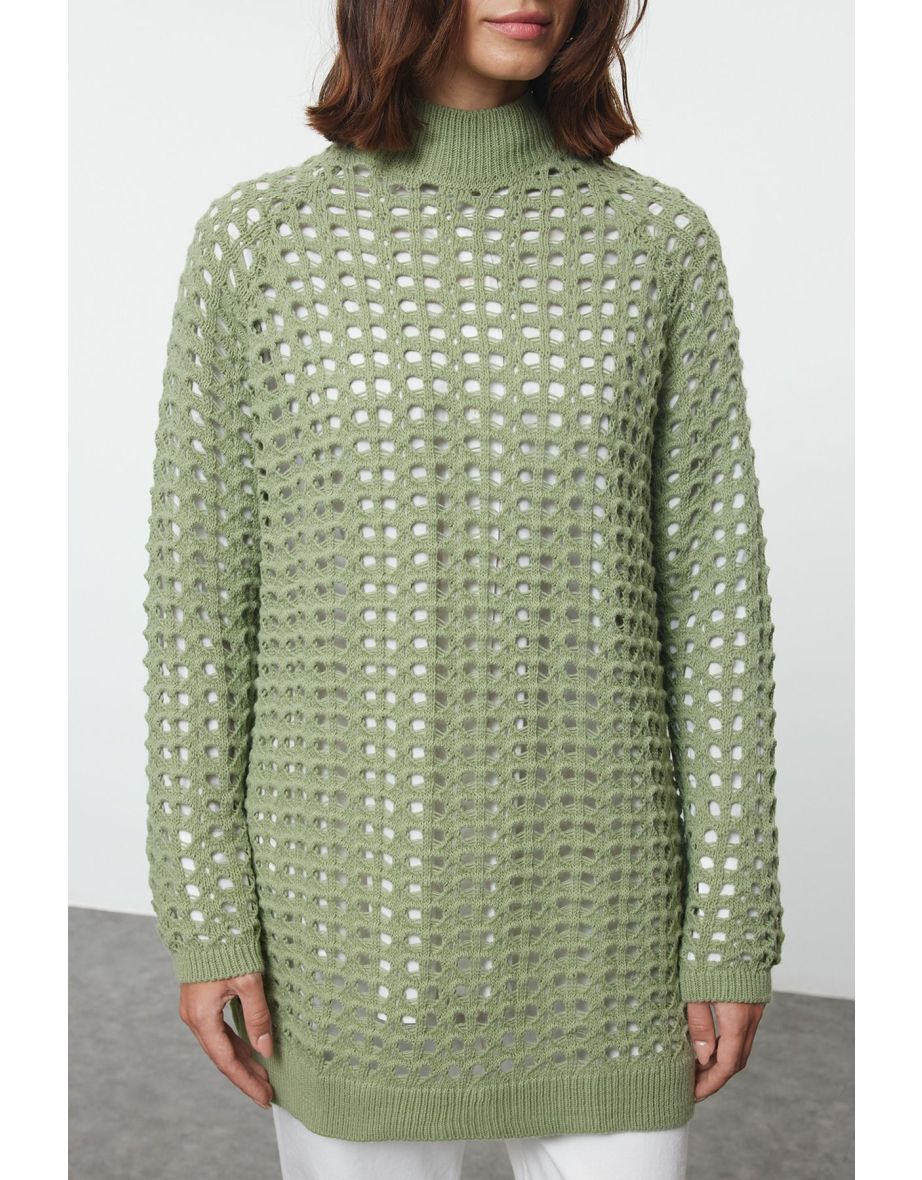 Light Khaki Openwork/Hole Knitwear Sweater - 4