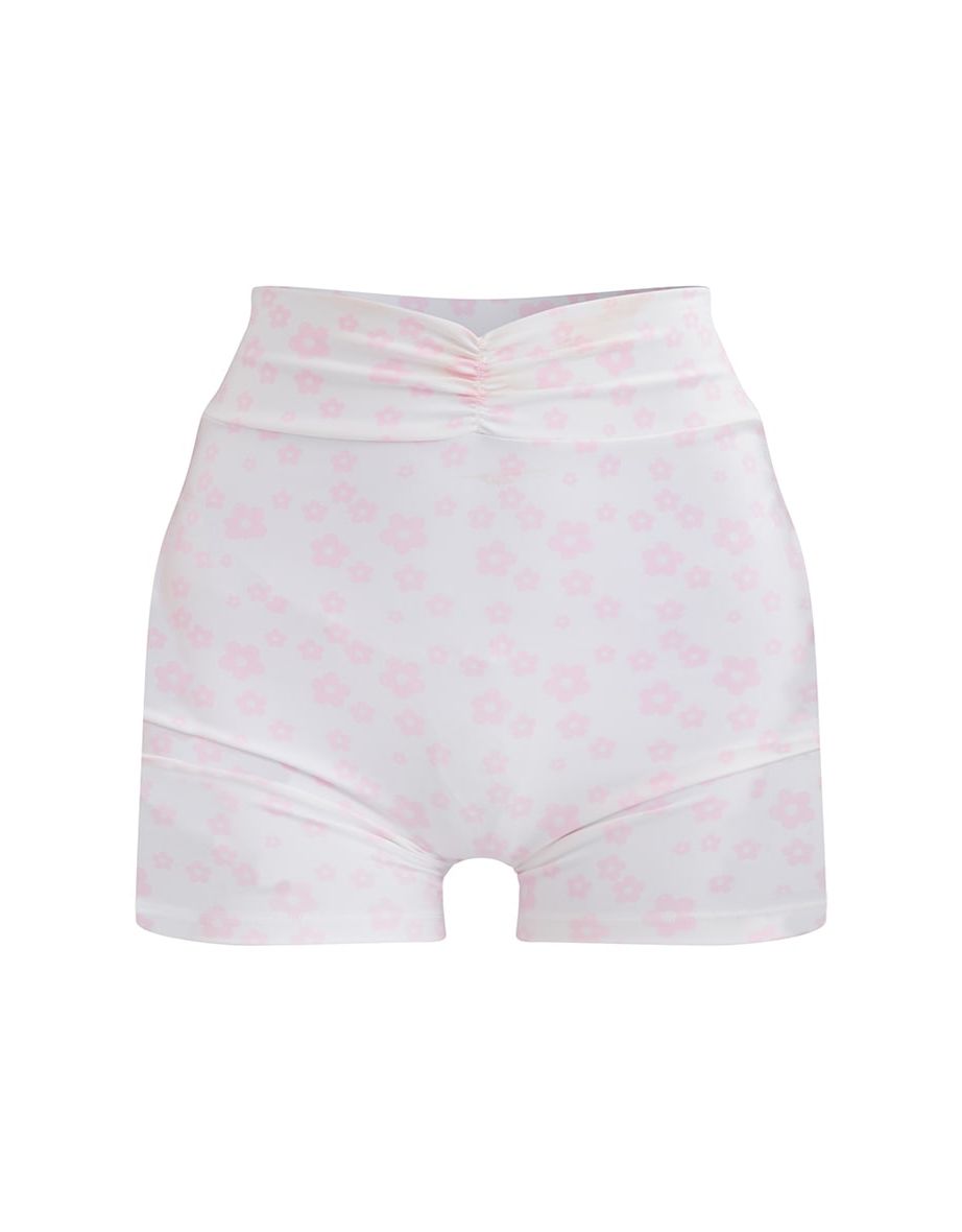 Pink Floral Printed Sculpt Ruched Front Gym Shorts - 4