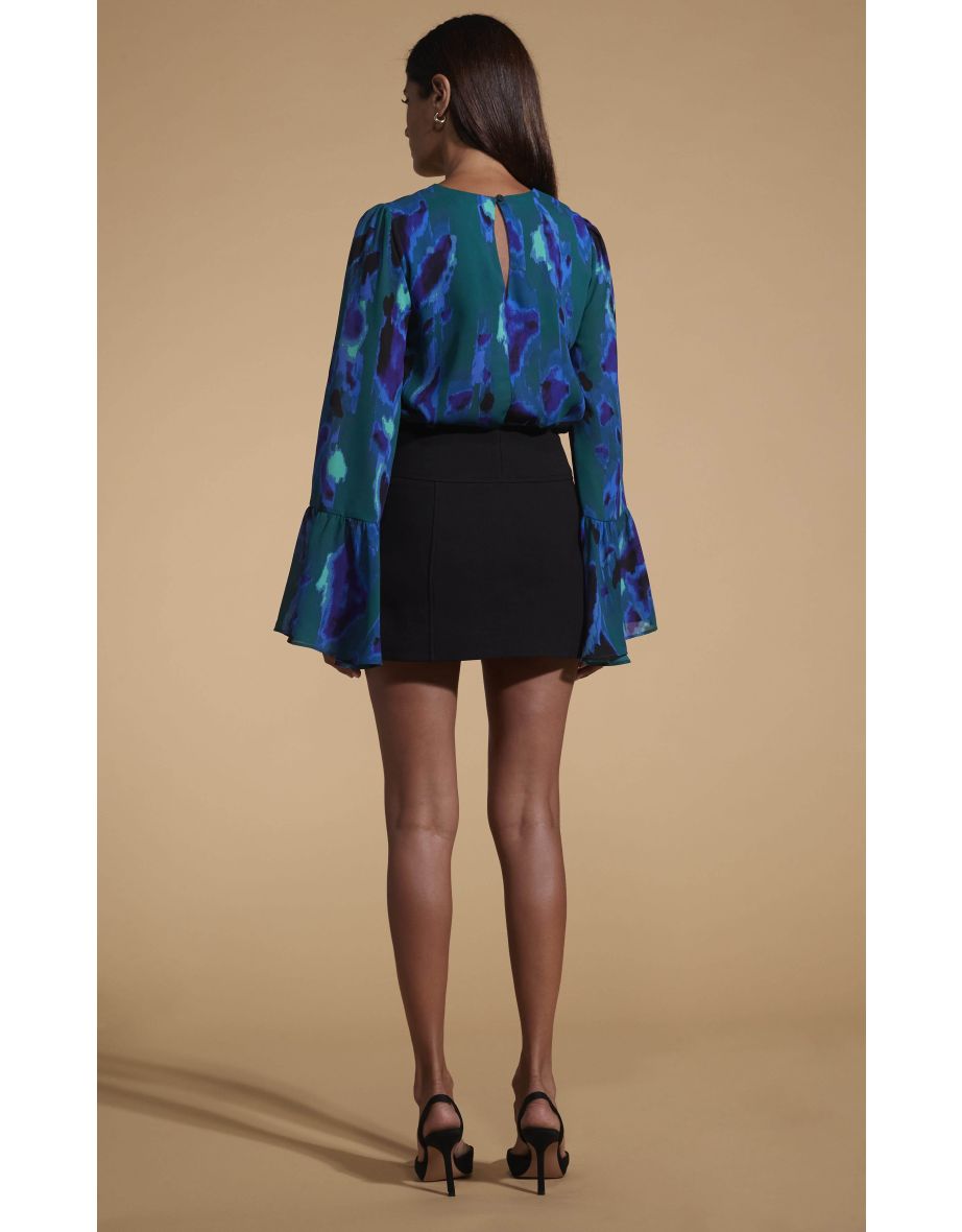 Suvi Flare Sleeve Top In Camo Abstract Blue On Green - 4