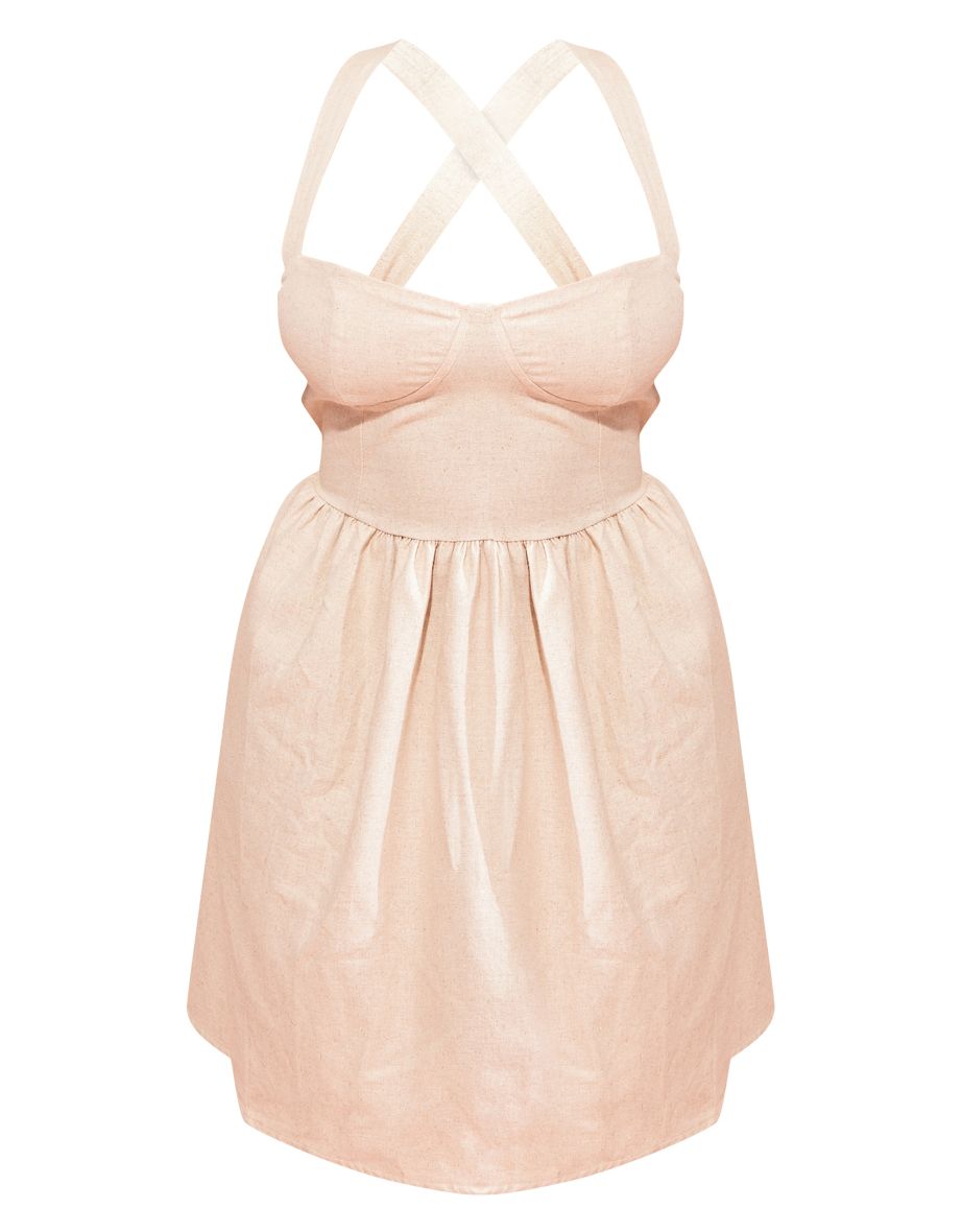 Plus Stone Linen Cross Strap Detail Back Flippy Hem Dress - 4