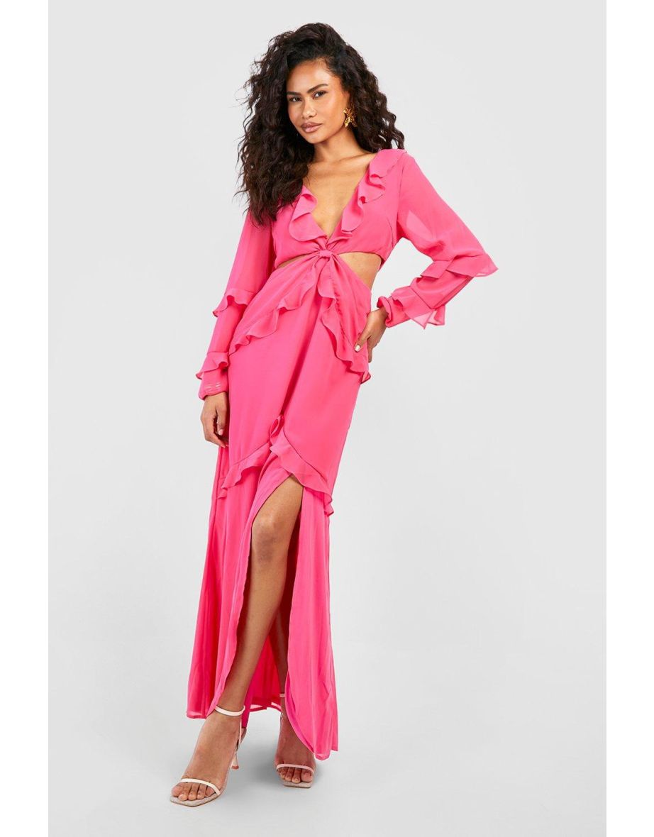 Ruffle Detail Cut Out Chiffon Maxi Dress - bright pink