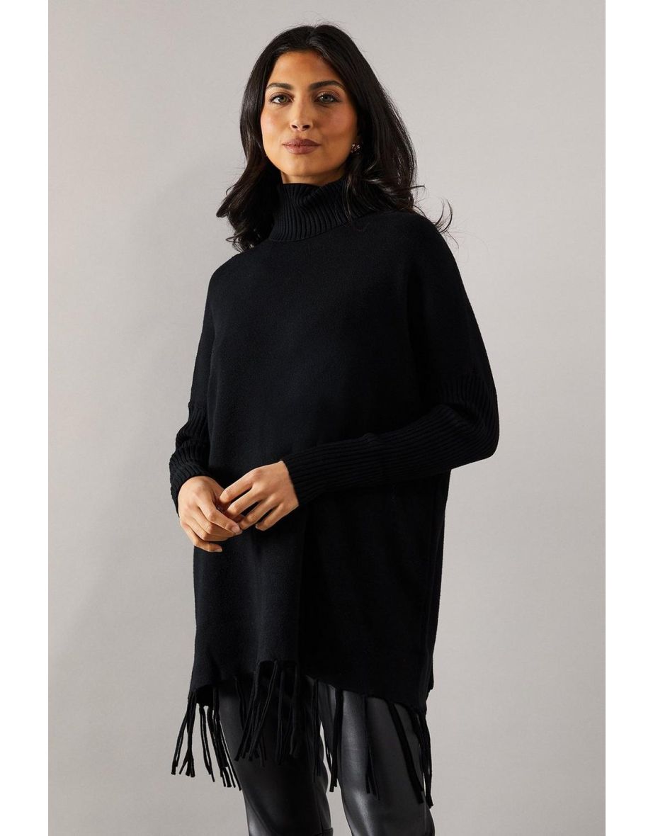 Fringed Hem Roll Neck Poncho