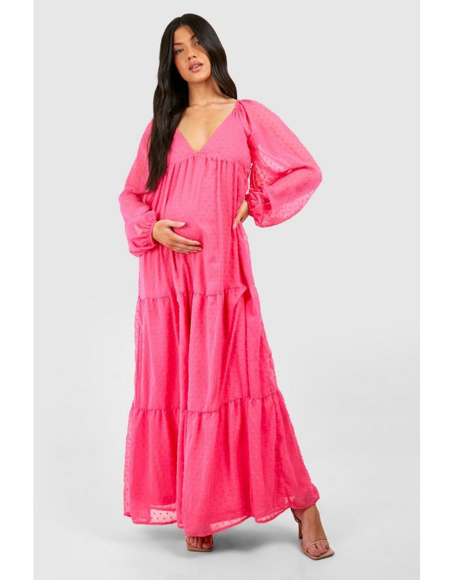 Maternity V Neck Tiered Dobby Maxi Dress - pink