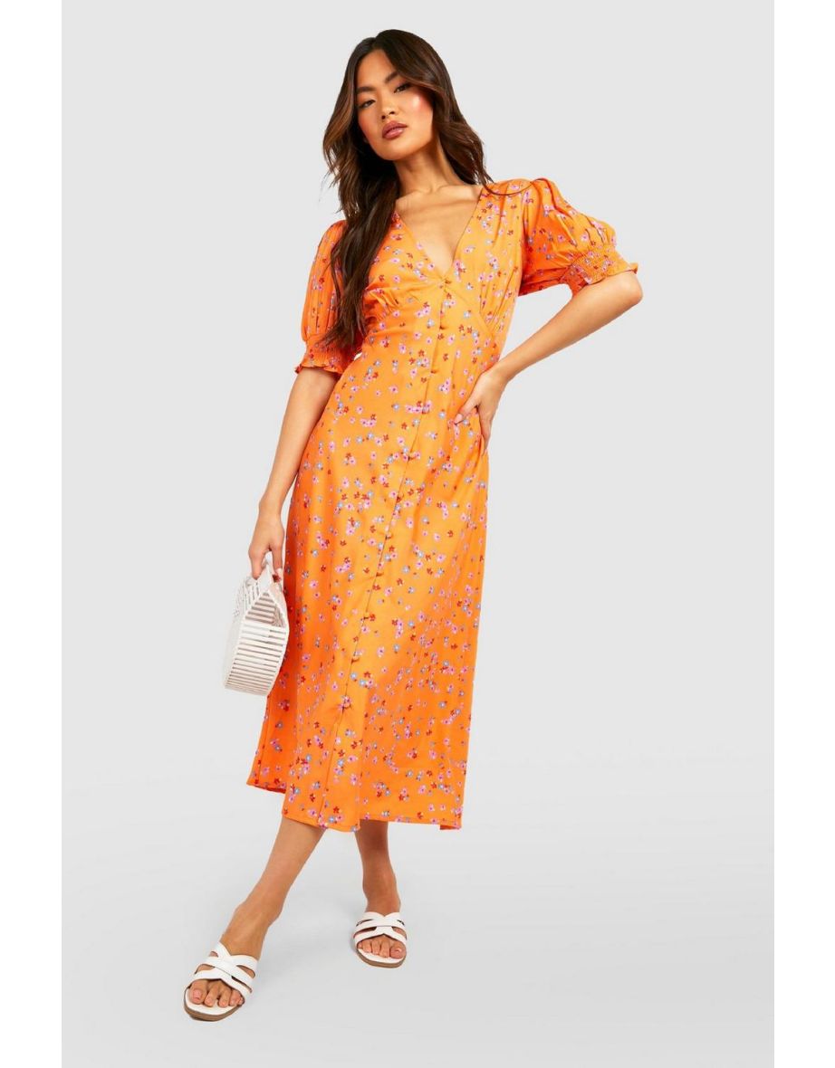 Floral Button Detail Midi Dress - orange