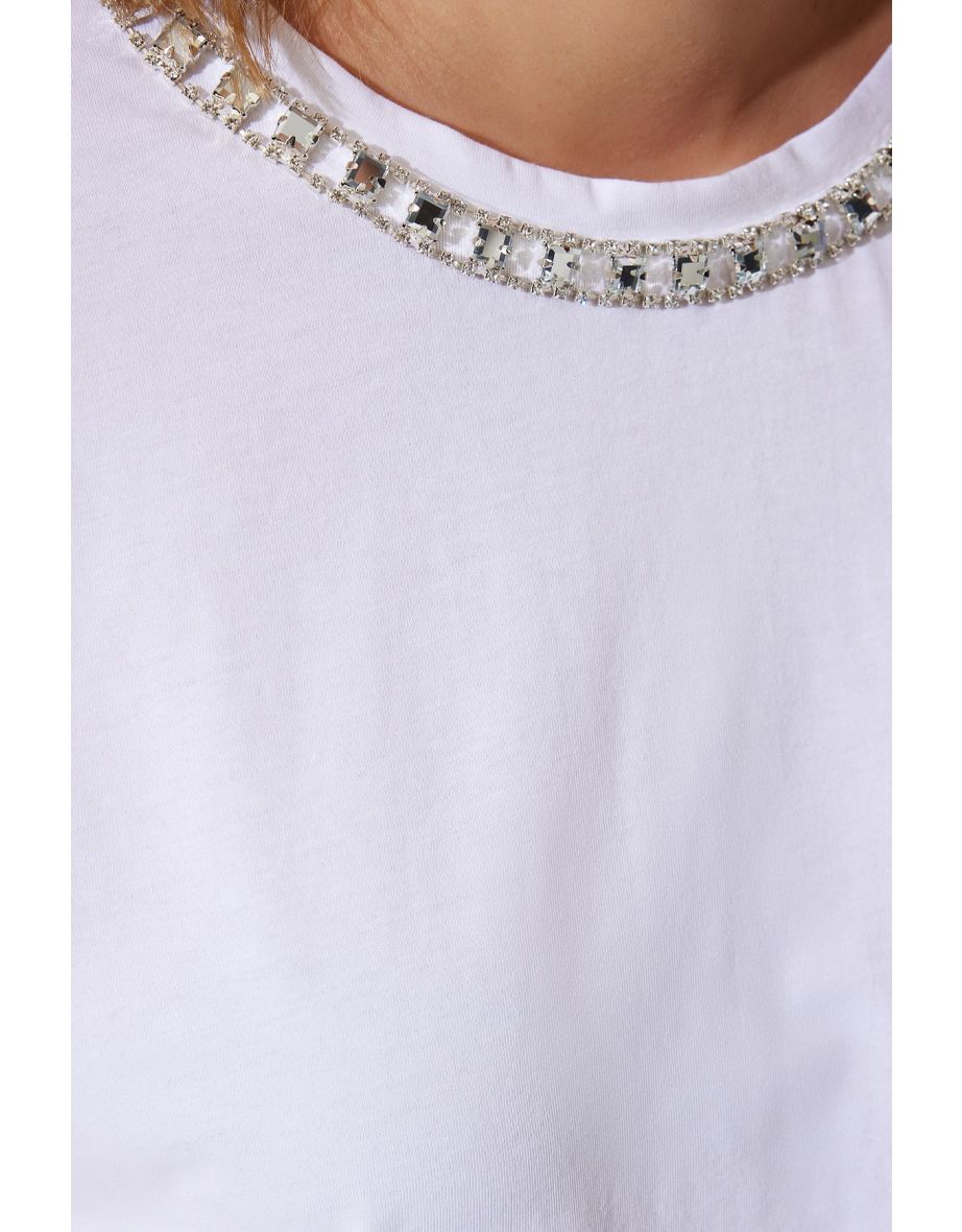 Women's White Collar Chain Necklace 100% Cotton Knitted T-Shirt - 4