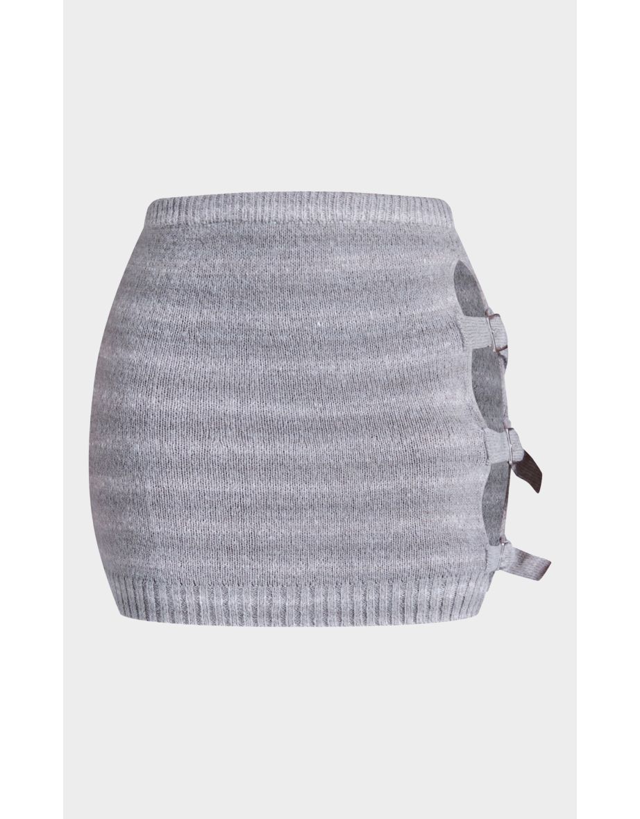 Shape Grey Marl Stripe Knit Double Buckle Mini Skirt - 5