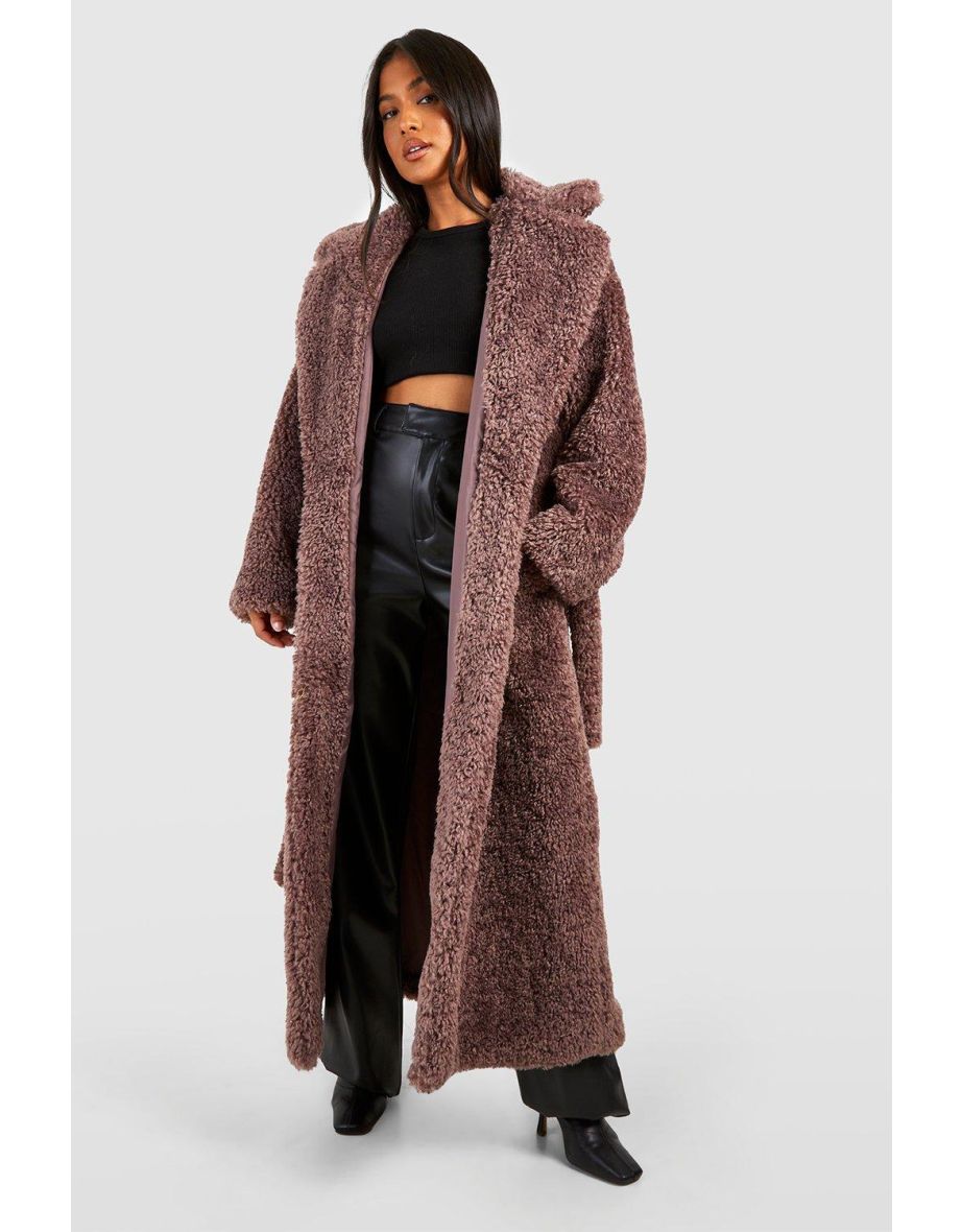 Boohoo Textured Belted Faux Fur Coat in White