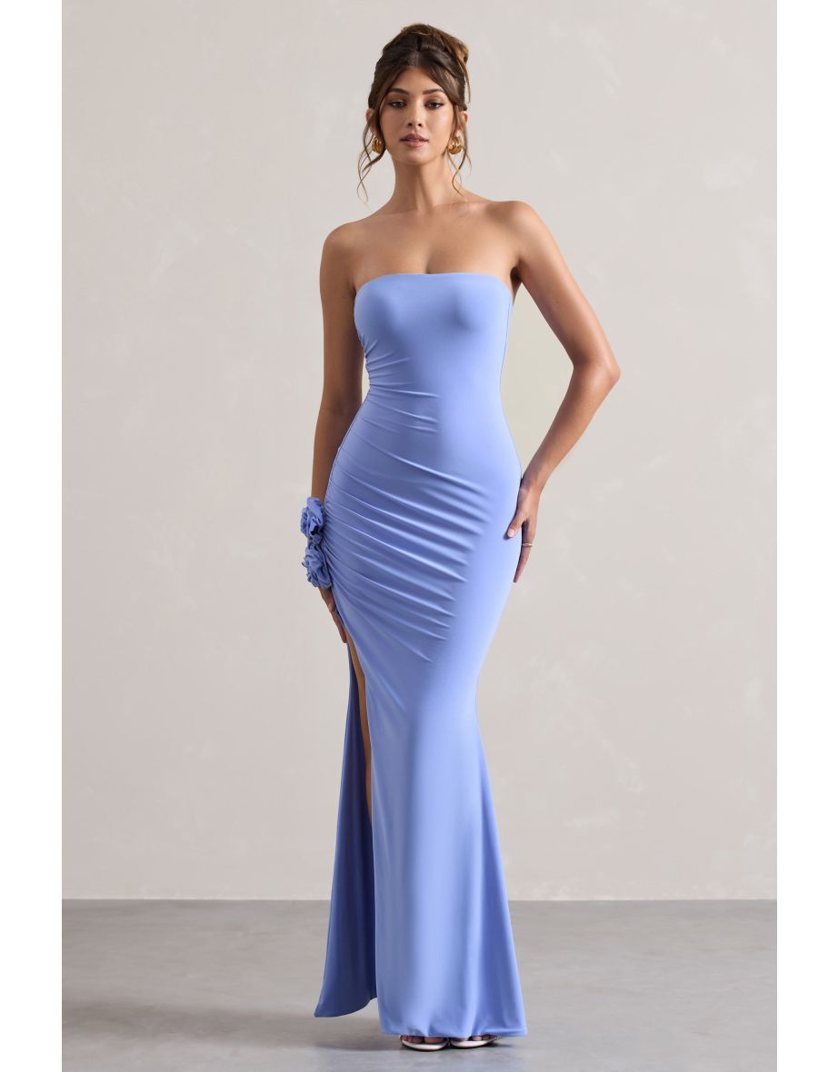 My Muse | Blue Ruched Bandeau Split Maxi Dress With Flowers - 4