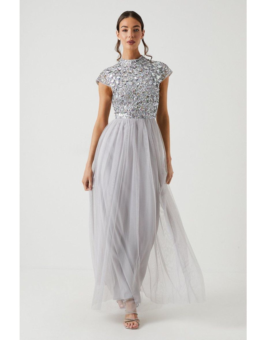 3d Floral Embellished Cap Sleeve Maxi Dress