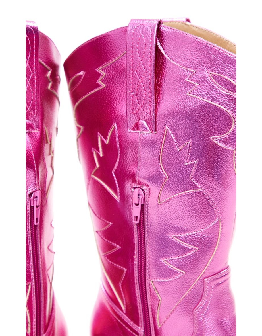 Pink Faux Leather Metallic Shine Block Heel Low Western Calf Boots - 3