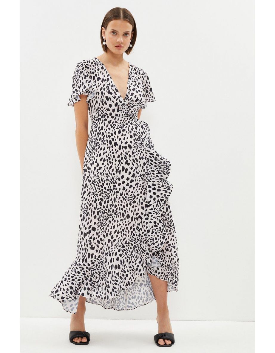 Angel Sleeve Wrap Midi Dress With Ruffle Hem