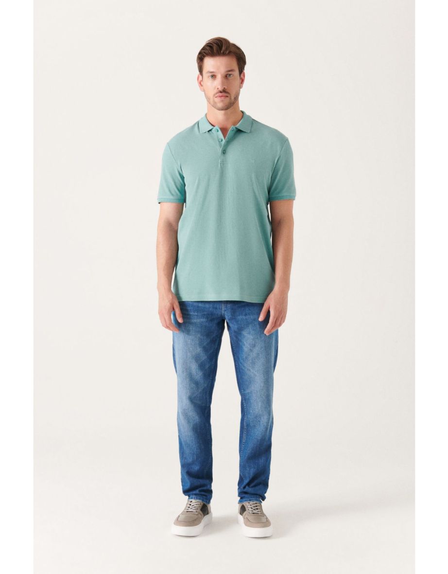 Men's Water Green Polo Neck T-shirt 100% Cotton Cool Keeping Regular Fit - 4
