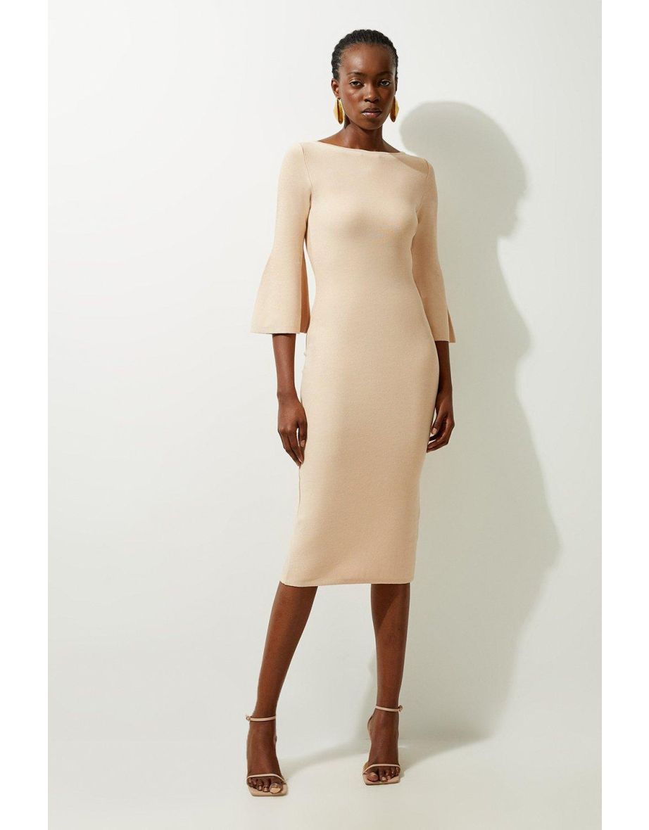 Viscose Blend Look Knit Midi Dress With Fluted Sleeve