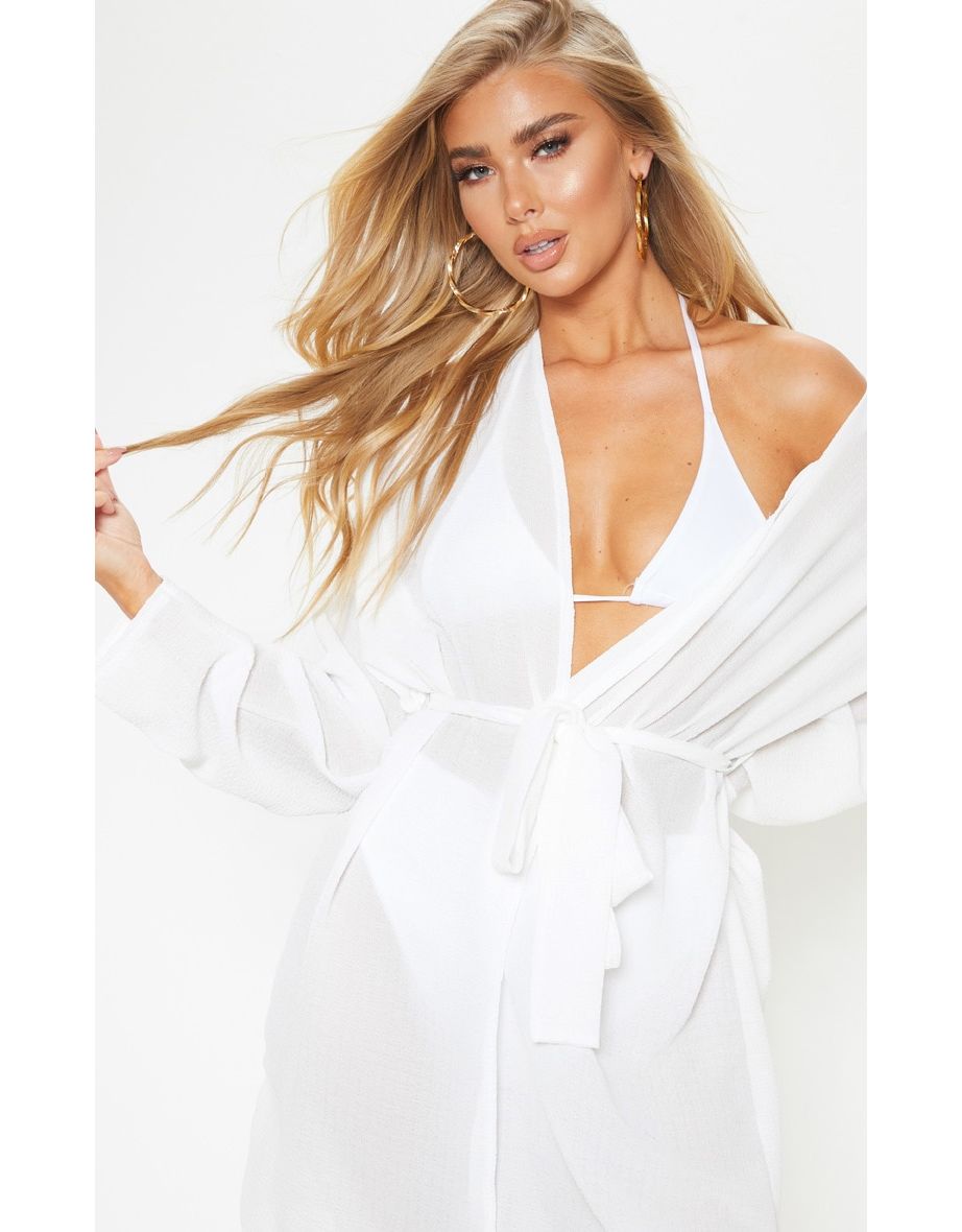 White Crinkle Textured Short Beach Kimono - 4