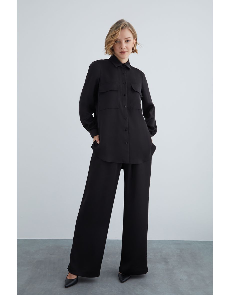 Loose Fit Shirt and Elastic Waist Wide-Leg Pajama Set