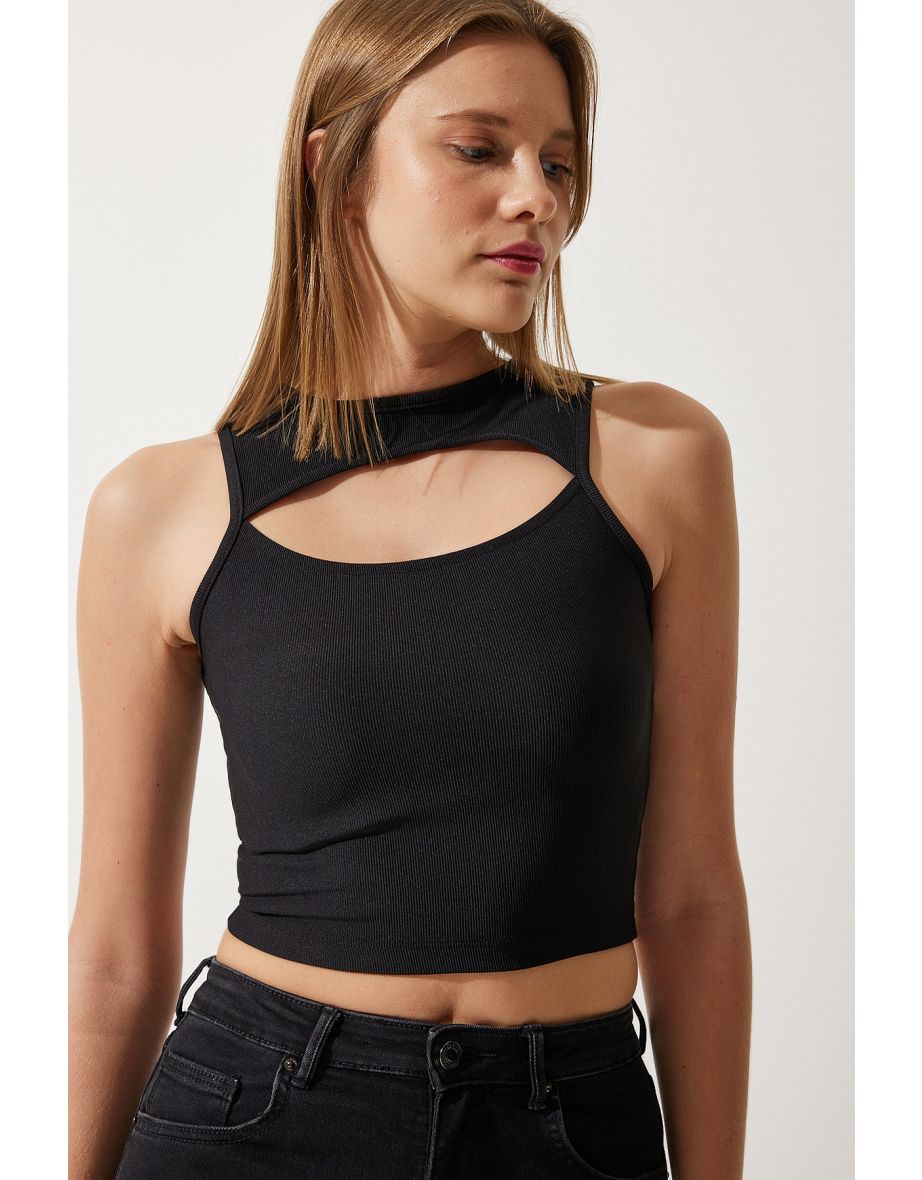 Women's Black Cut Out Detail Ribbed Crop Knitted Blouse