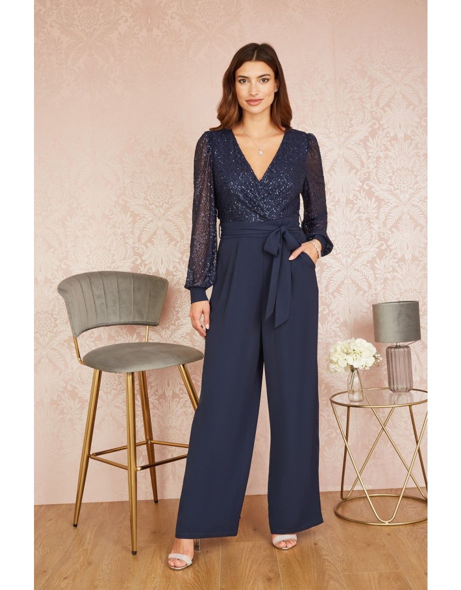 Yumi Navy Sequin Jumpsuit With Long Sleeves